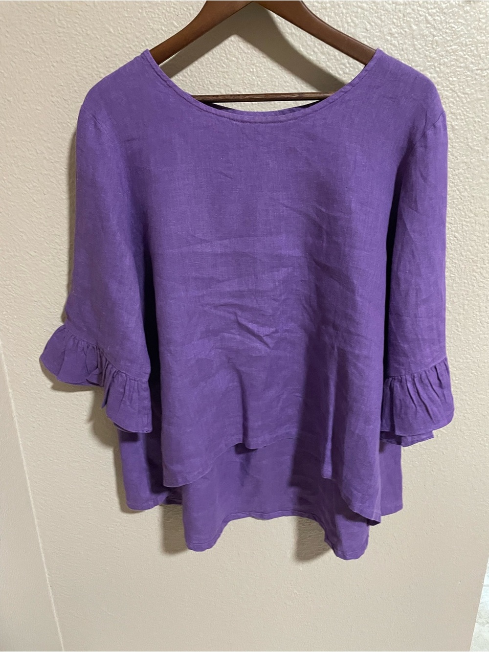 Bryn Walker Fran Basic Purple Ruffle-Sleeve Women's Linen Top High-Low USA